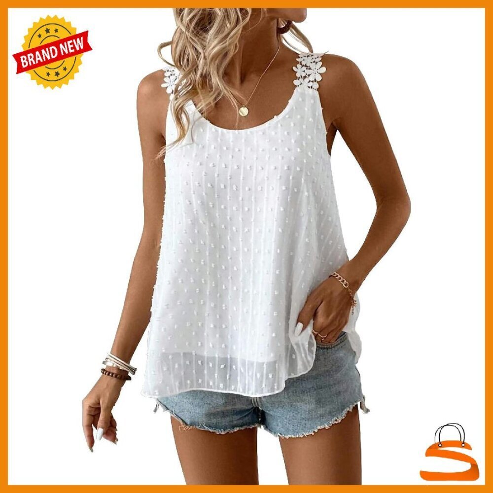 Sleeveless Swiss Dot Tank Top, Floral Lace Straps, Lightweight Polyester